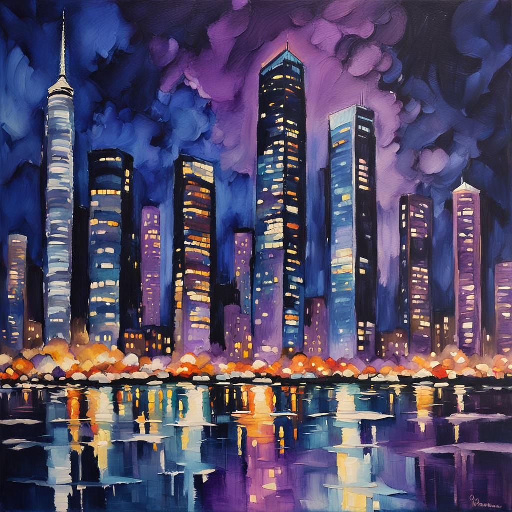 Night Cityscape in Gouache Impressionism Style