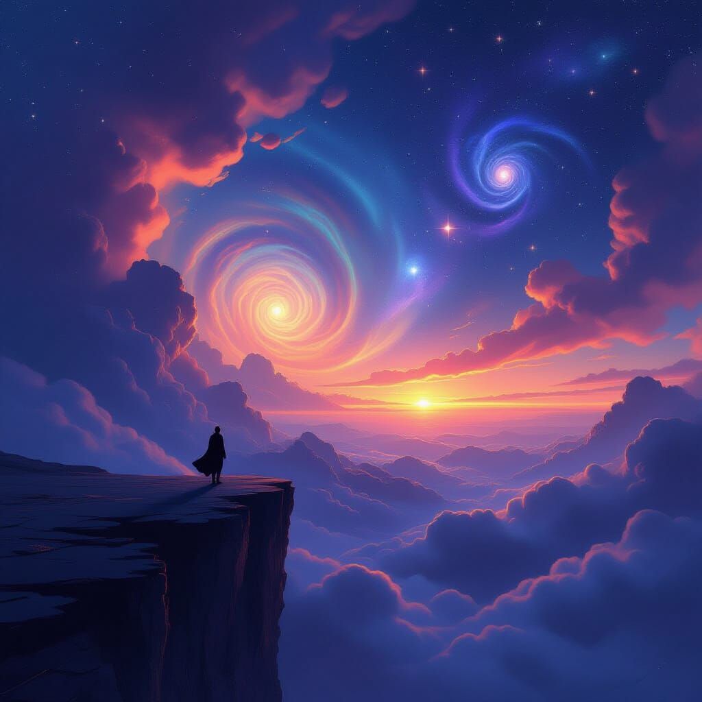 Cosmic Landscape with Binary Sunset and Lone Figure