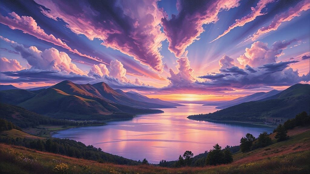 Serene Hills and Lake Under a Purple Twilight Sky