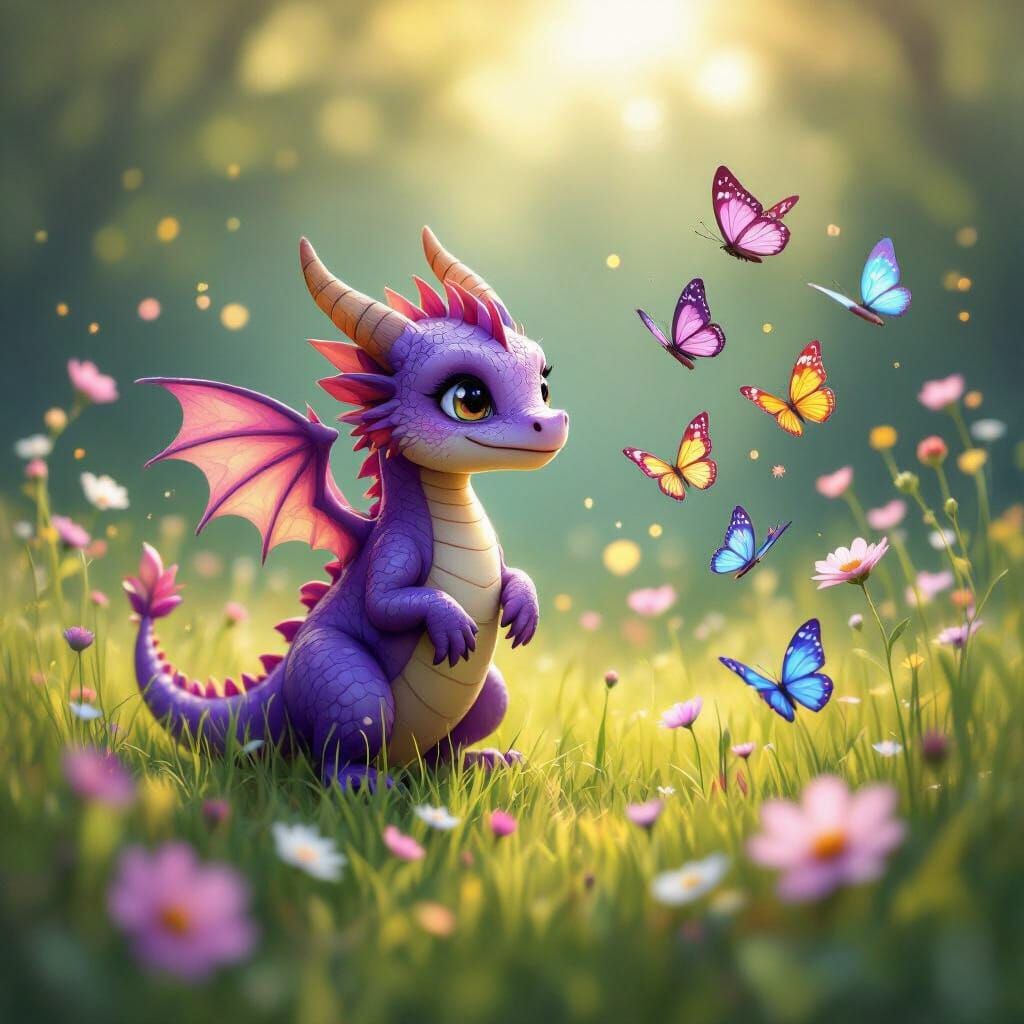 Adorable Purple Dragon Chasing Butterflies in Meadow