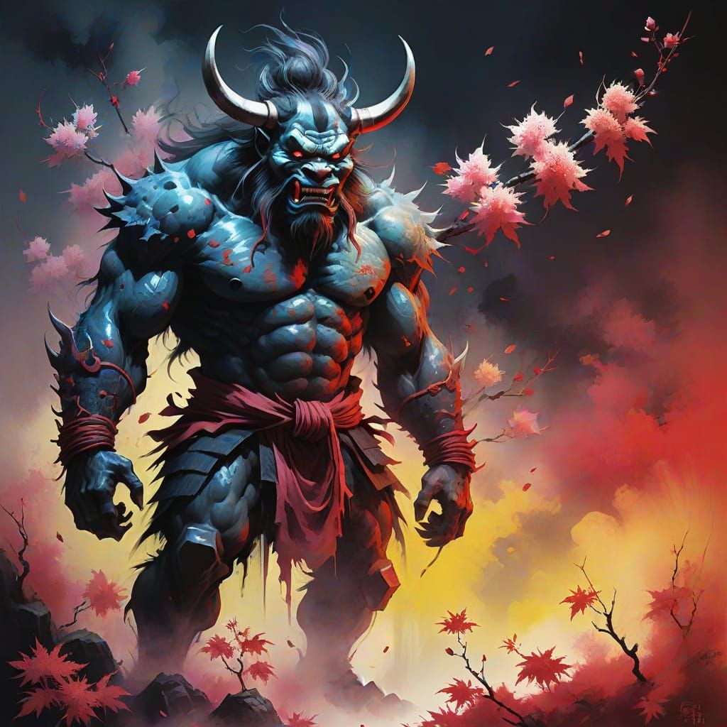 Fierce Japanese Oni Amidst Blossoms, Stephen Gammell Style