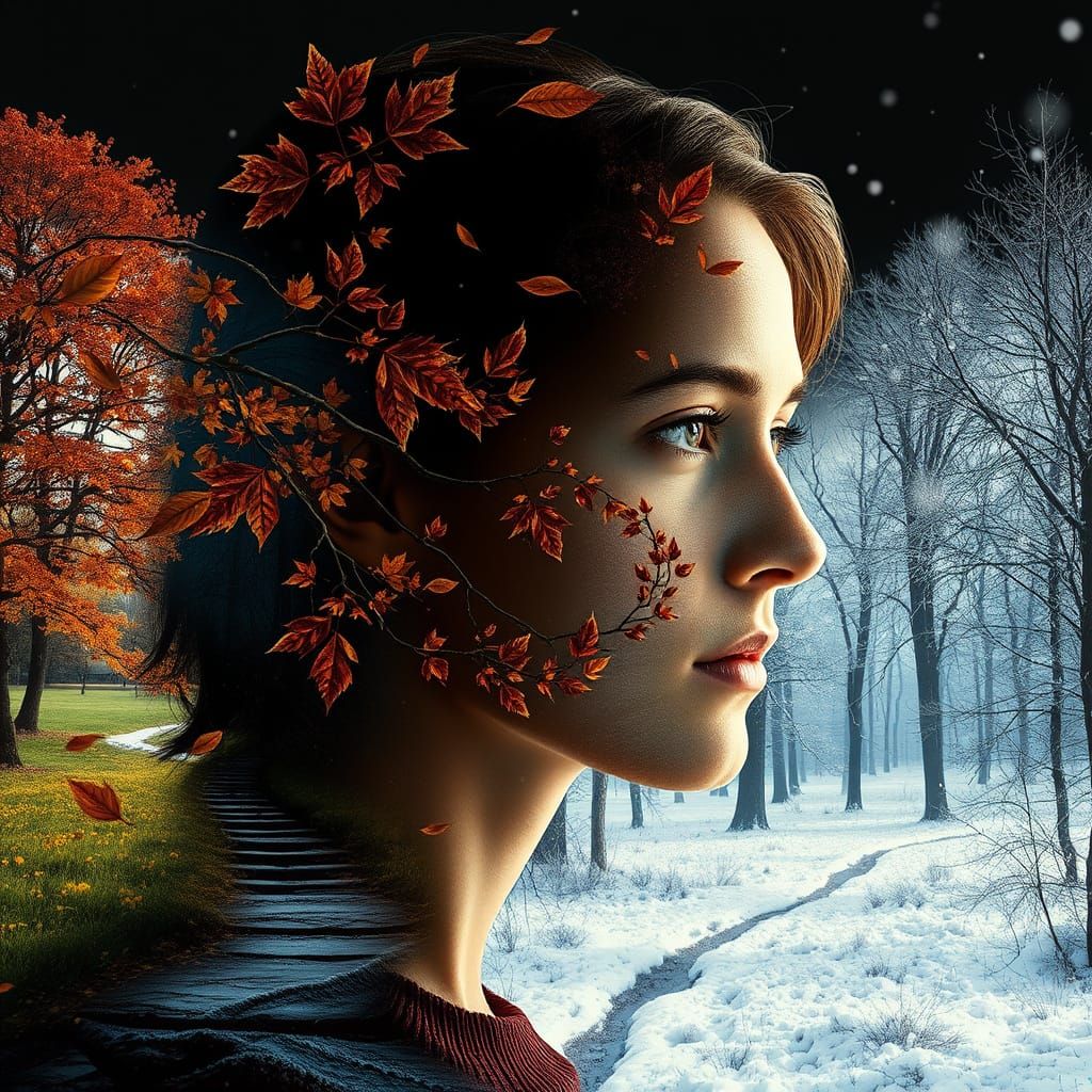 Seasonal Transition Portrait in Surreal Style
