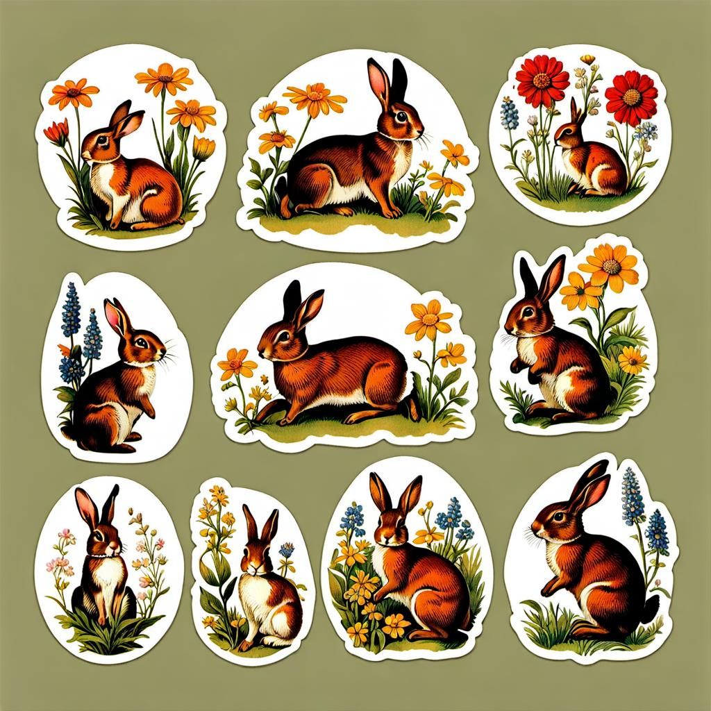 Vintage Rabbit Stickers with Wildflowers Illustration