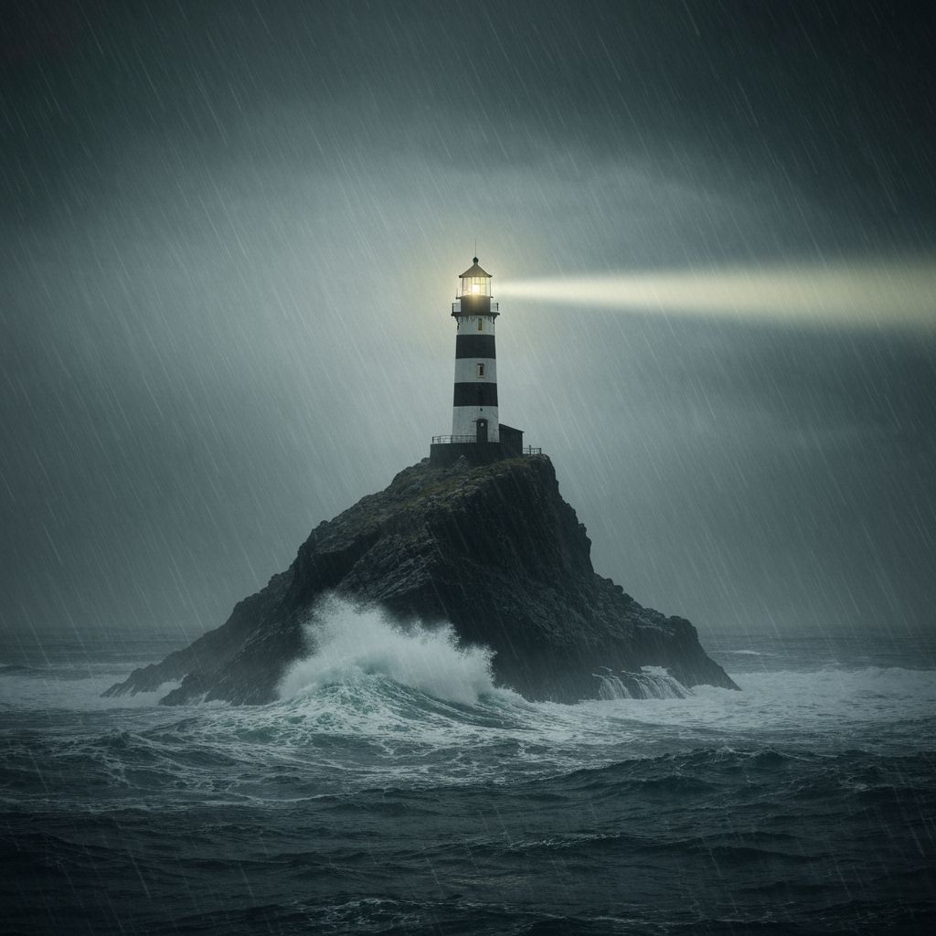 Lighthouse Beacon in Stormy Seas: Evocative Vision