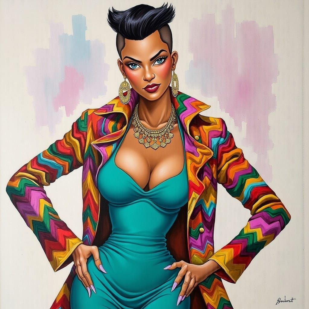 Edgy Pakistani Woman with Mohawk in Watercolor Style