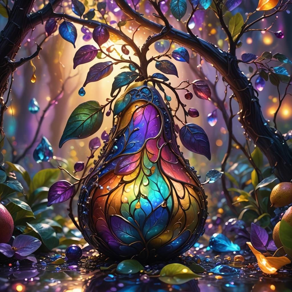 Rainbow Pear Glows in Mystical Garden: Fantasy Art
