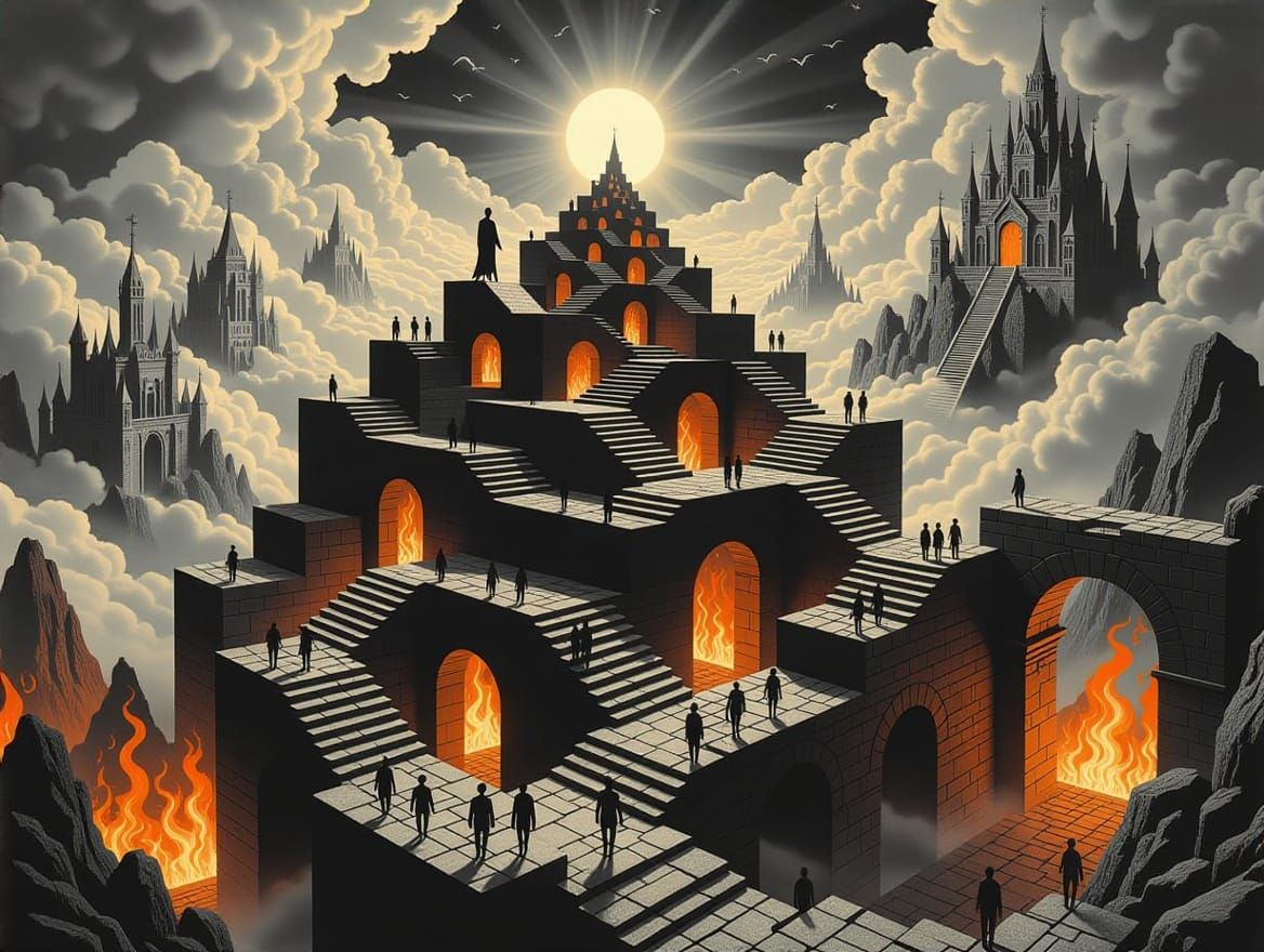 Surreal Black and White Labyrinth with Lost Souls and Hellfi...