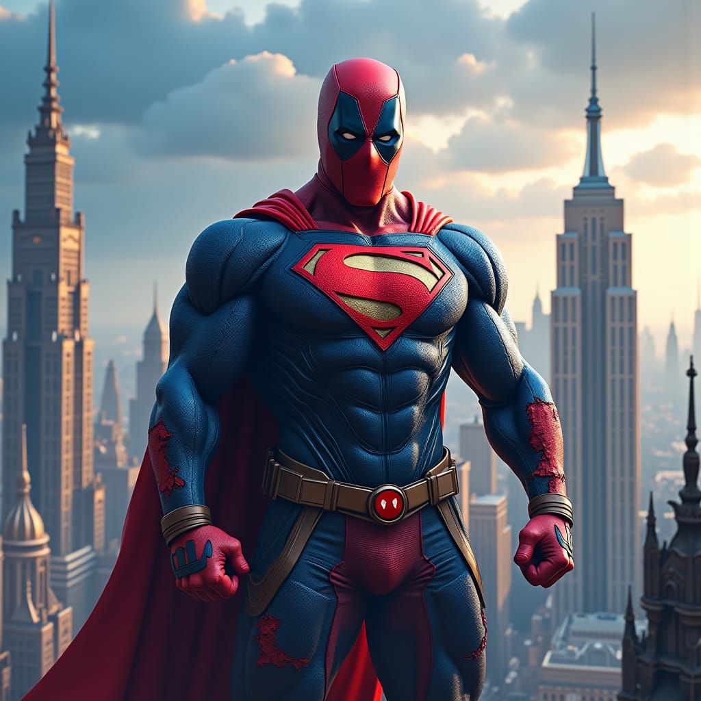 Deadpool Superman Hybrid Heroic in Gothic Cityscape