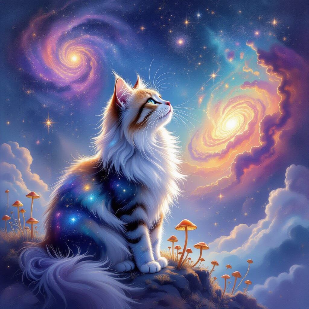 Cosmic Cat Under Nebula Sky in Watercolor Style