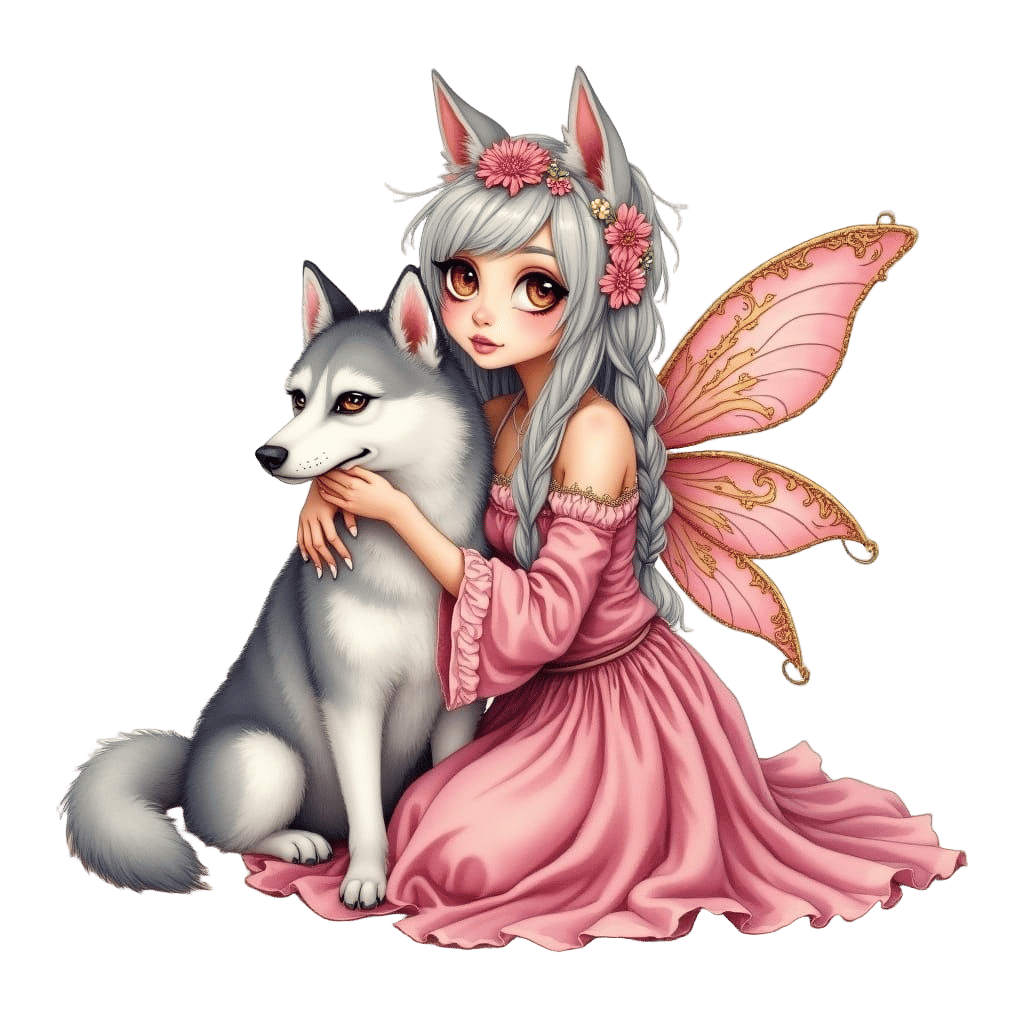 Whimsical Punk Fairy with Siberian Husky in Watercolor Style