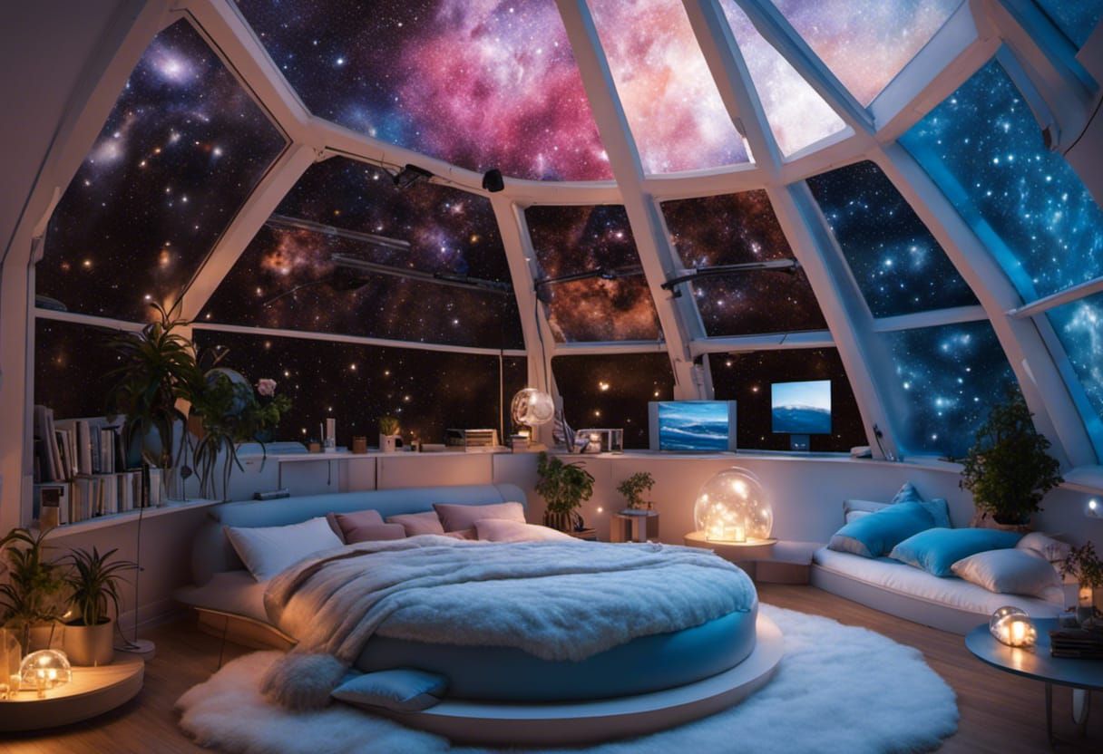 Glass Dome Bedroom with Starry Sky, Digital Art