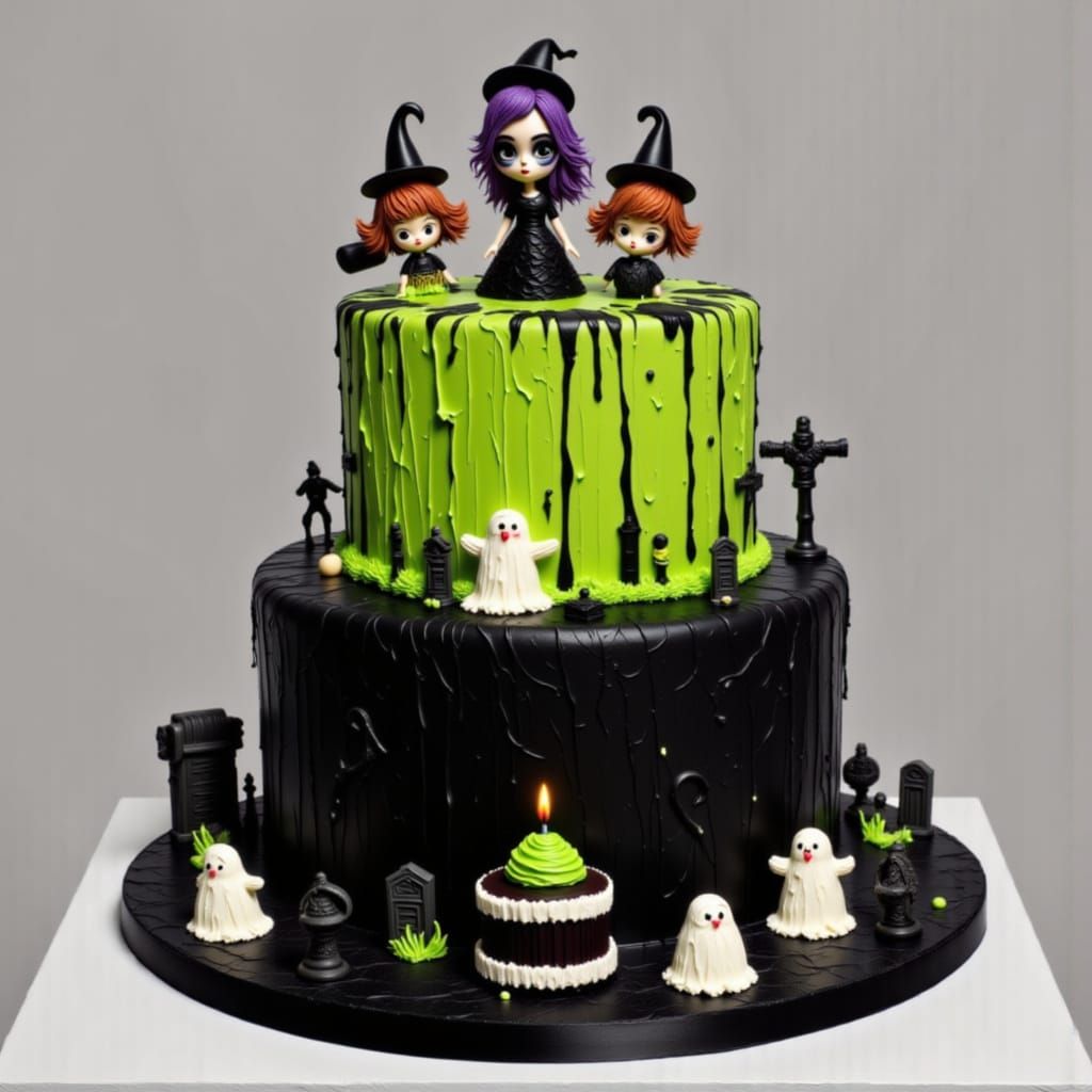Spooky Halloween Birthday Cake with Drips and Figures