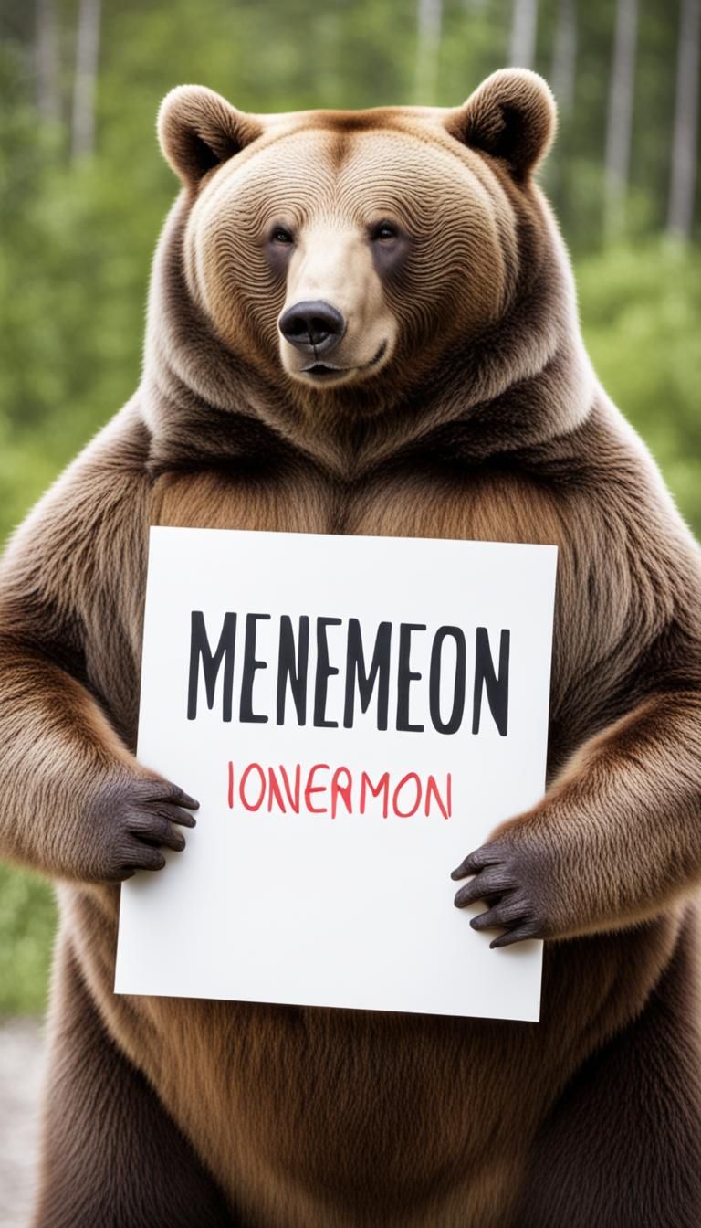 Satisfied Obese Bear Holding a Sign Portrait