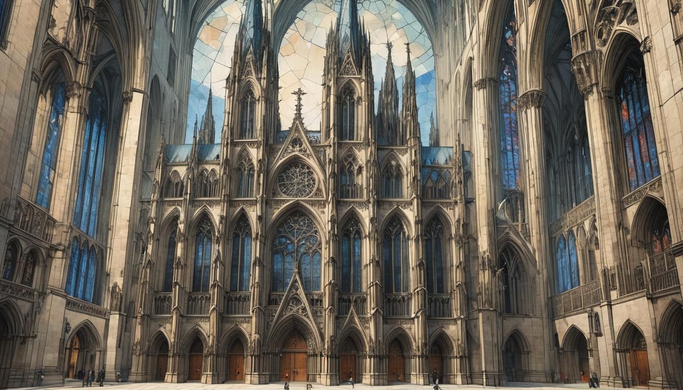 Gothic Cathedral Blueprint with Stained Glass