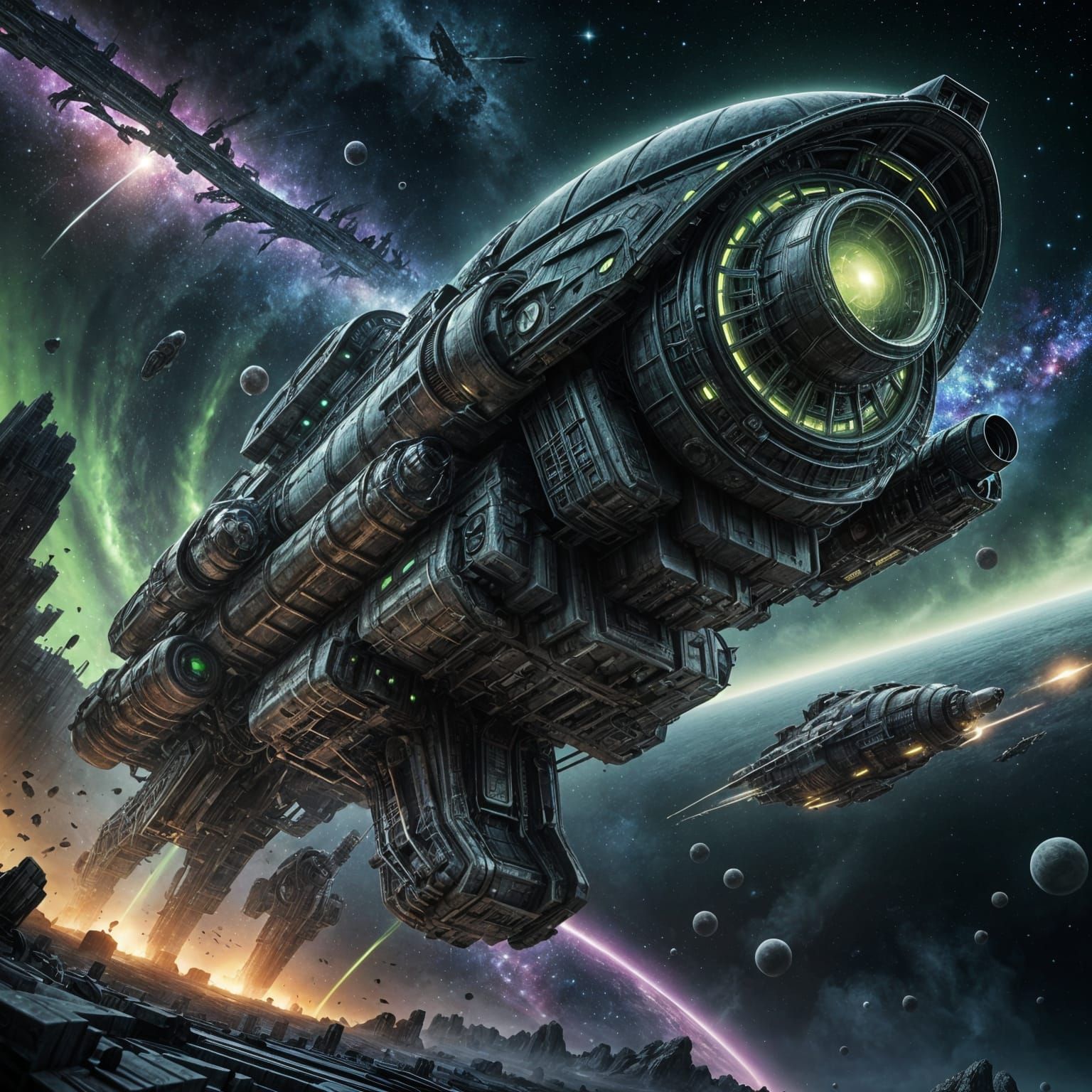 Gigeresque Spaceship in Deep Space, Blazing with Green Engin...