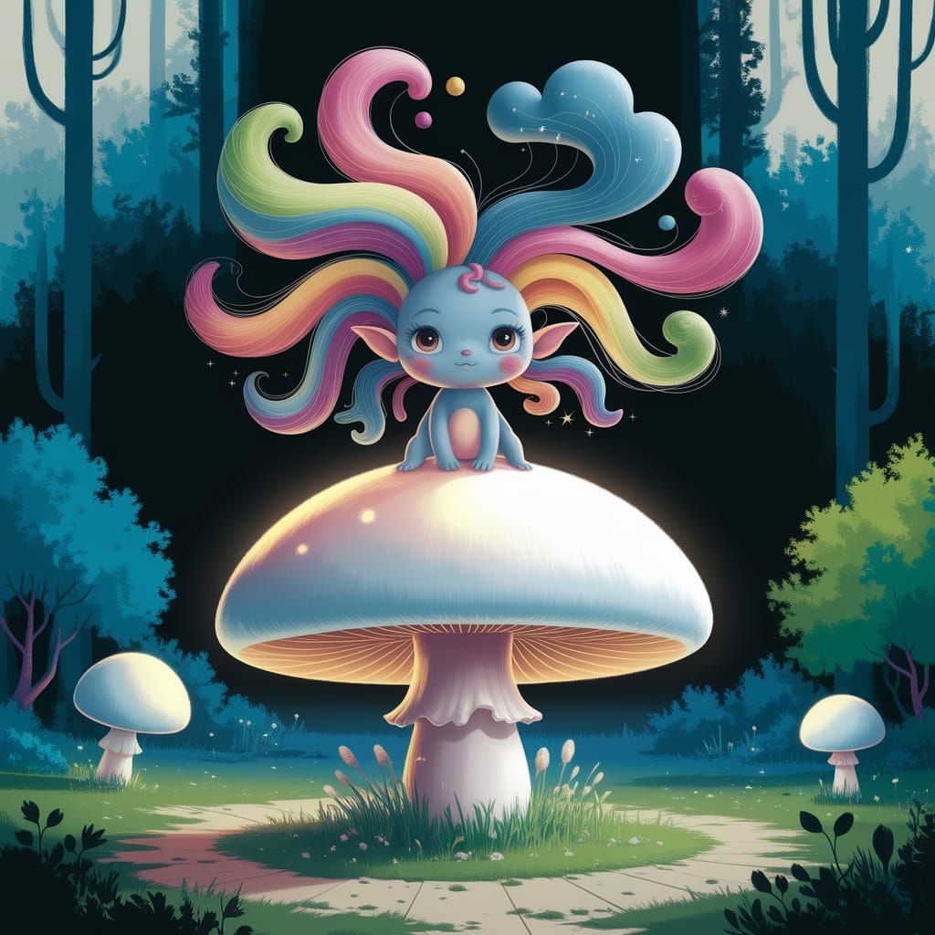 Whimsical Gnome on Mushroom in Mystical Forest