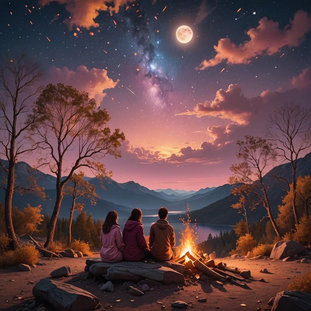 Lovers by Campfire Under Starry Sky