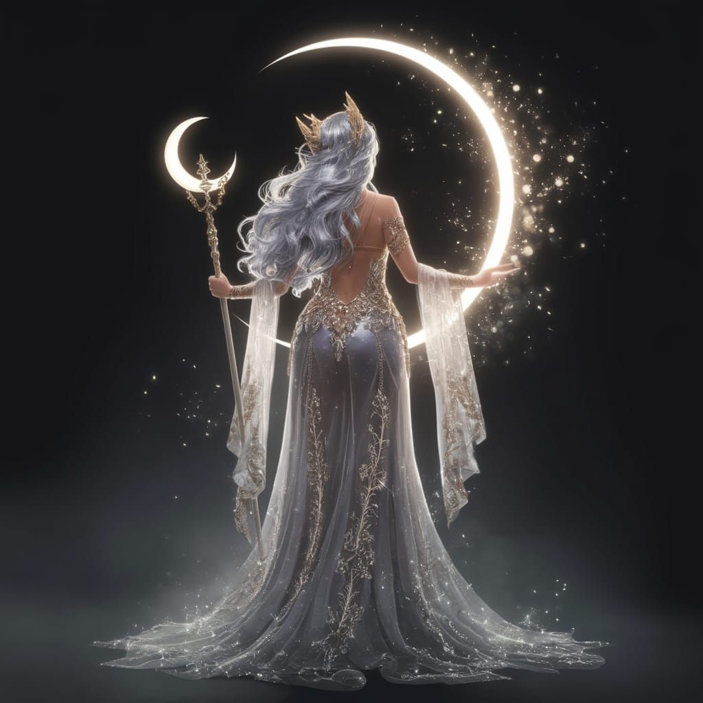 Ethereal Celestial Goddess with Moon Staff