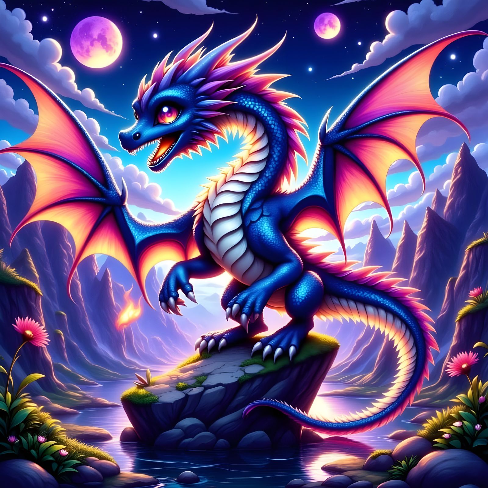 Fiery Dragon Soars Over Stormy Mountains