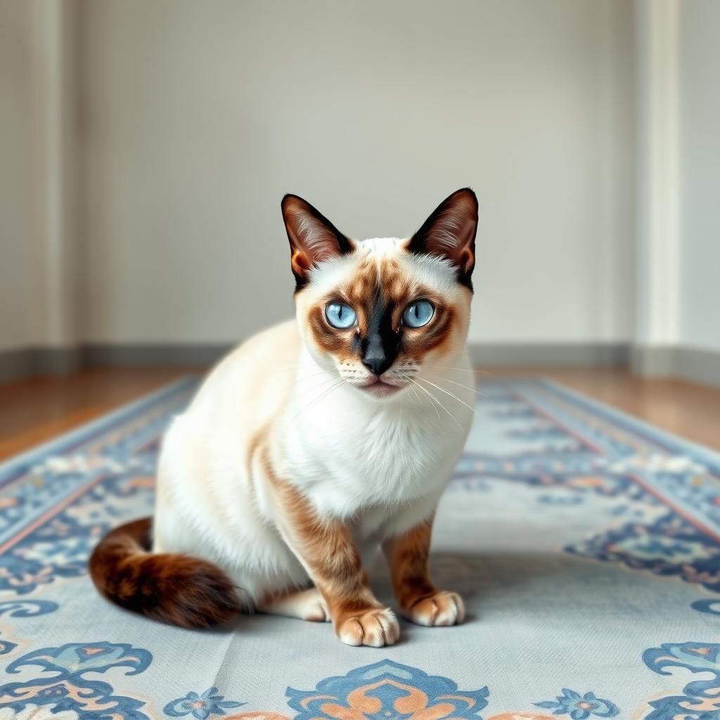 Siamese Cat on Prayer Mat, Watercolor Painting
