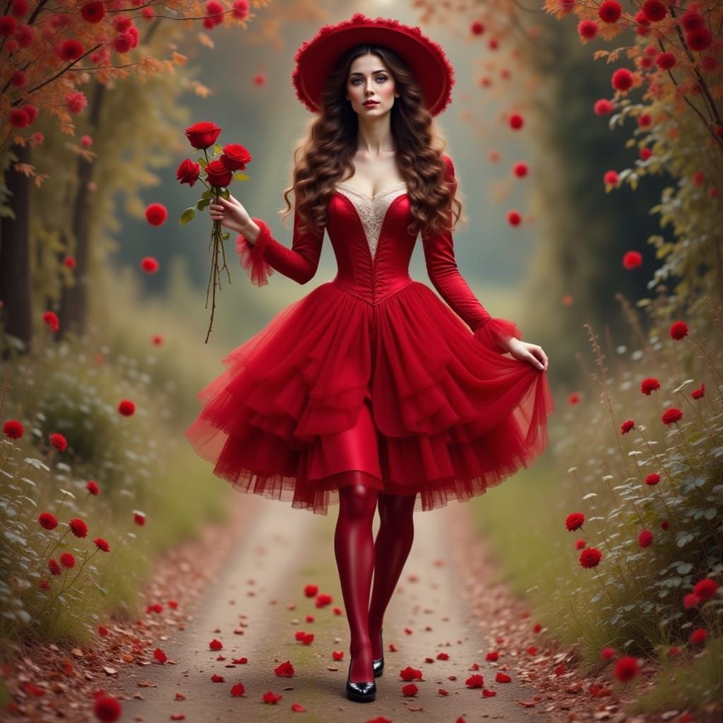 Victorian Woman with Rose in Dreamy Autumn Scene