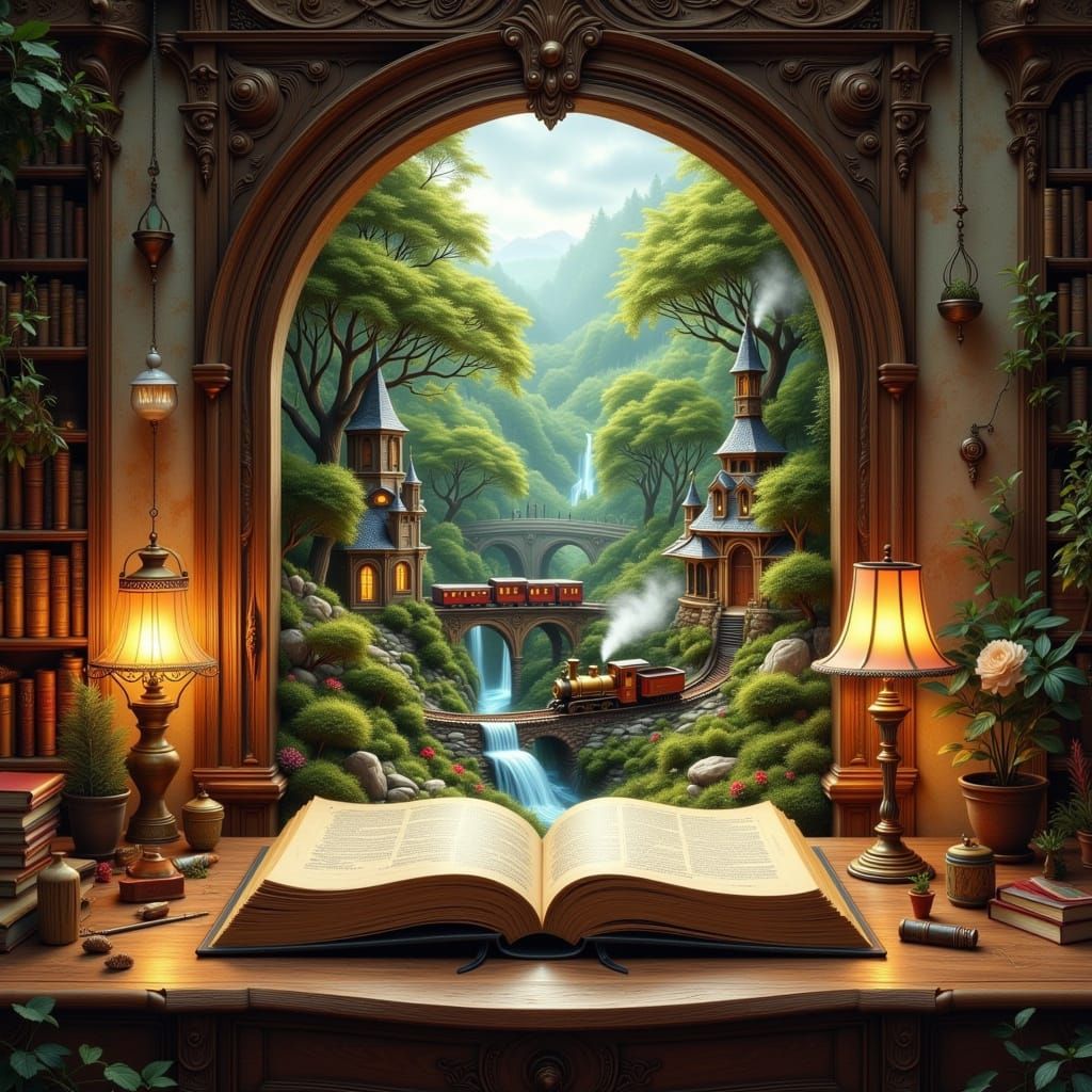 Maglev Train Set in Open Book, Color Pencil Sketch