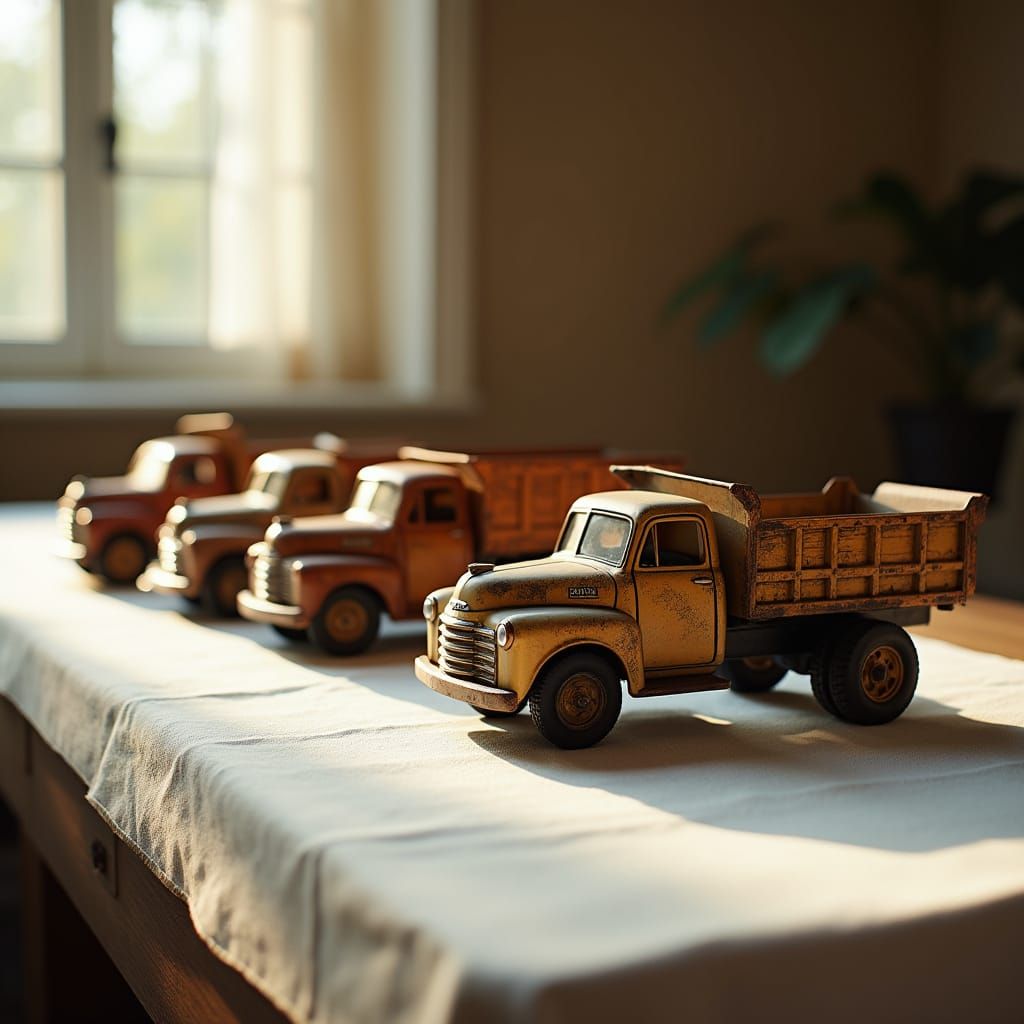 Vintage Tonka Trucks Displayed on Elegant White Linen Table ...