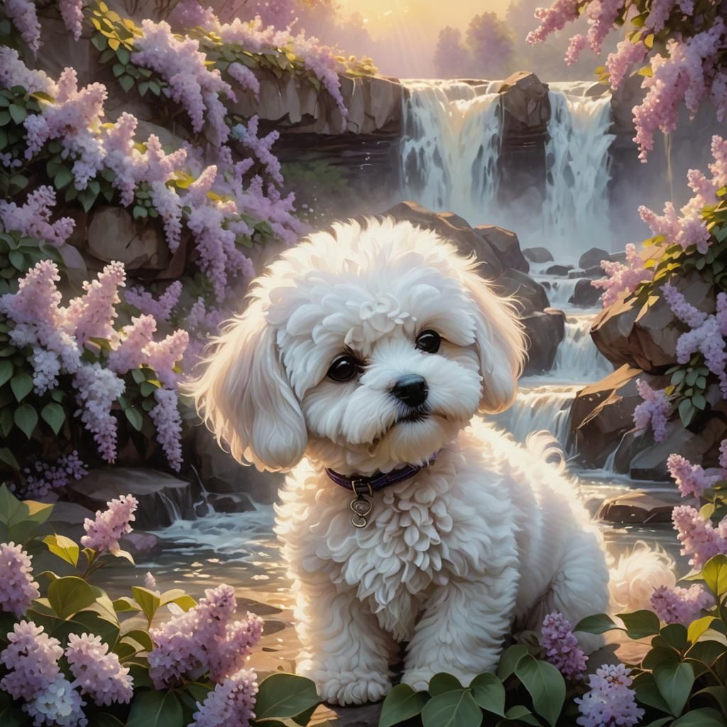 Bichon Frise Puppy in a Magical Realism Landscape