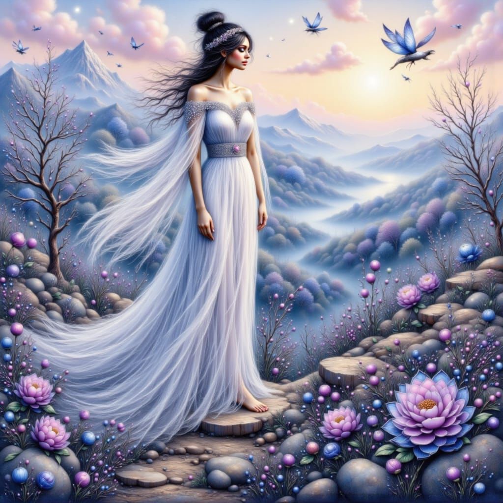 Elven Woman in Mystical Valley at Predawn