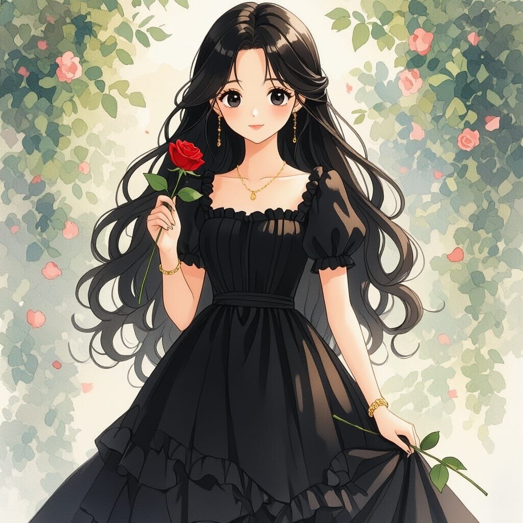 Anime Girl with Rose in Watercolor Style