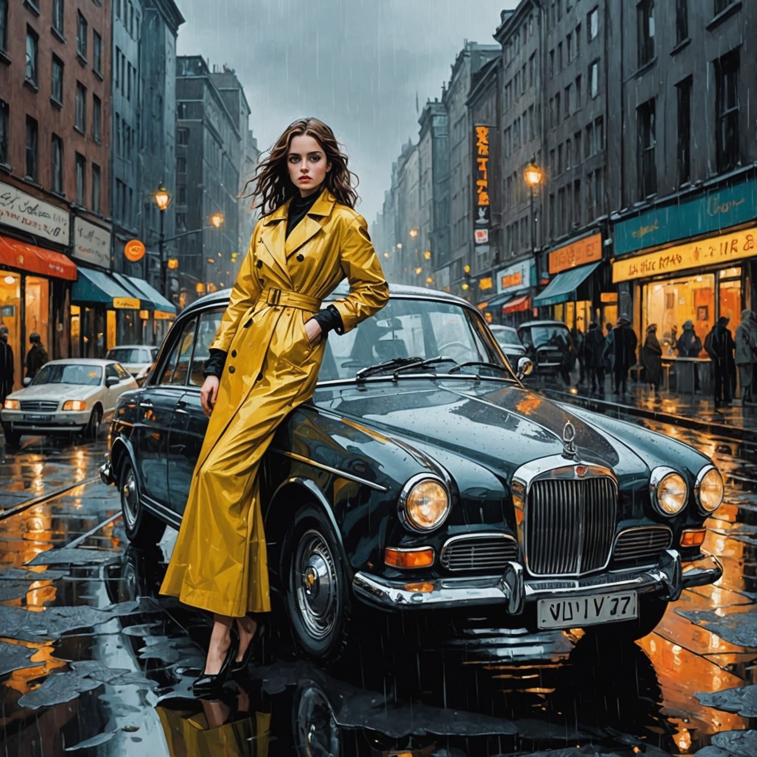 Exotic Car Girl Posing in Rainy Dark, Fantasycore Pop Art