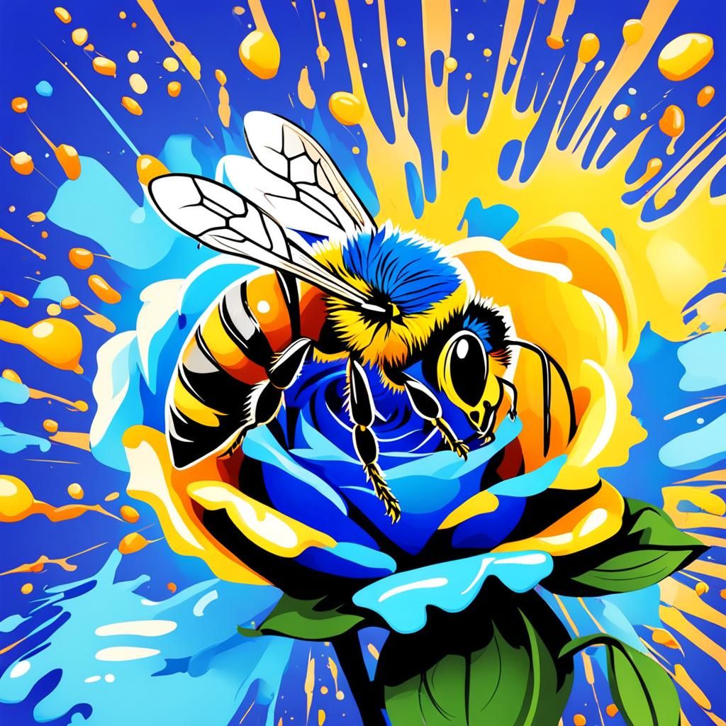Honey Bee on Blue Rose in Splash Art Style