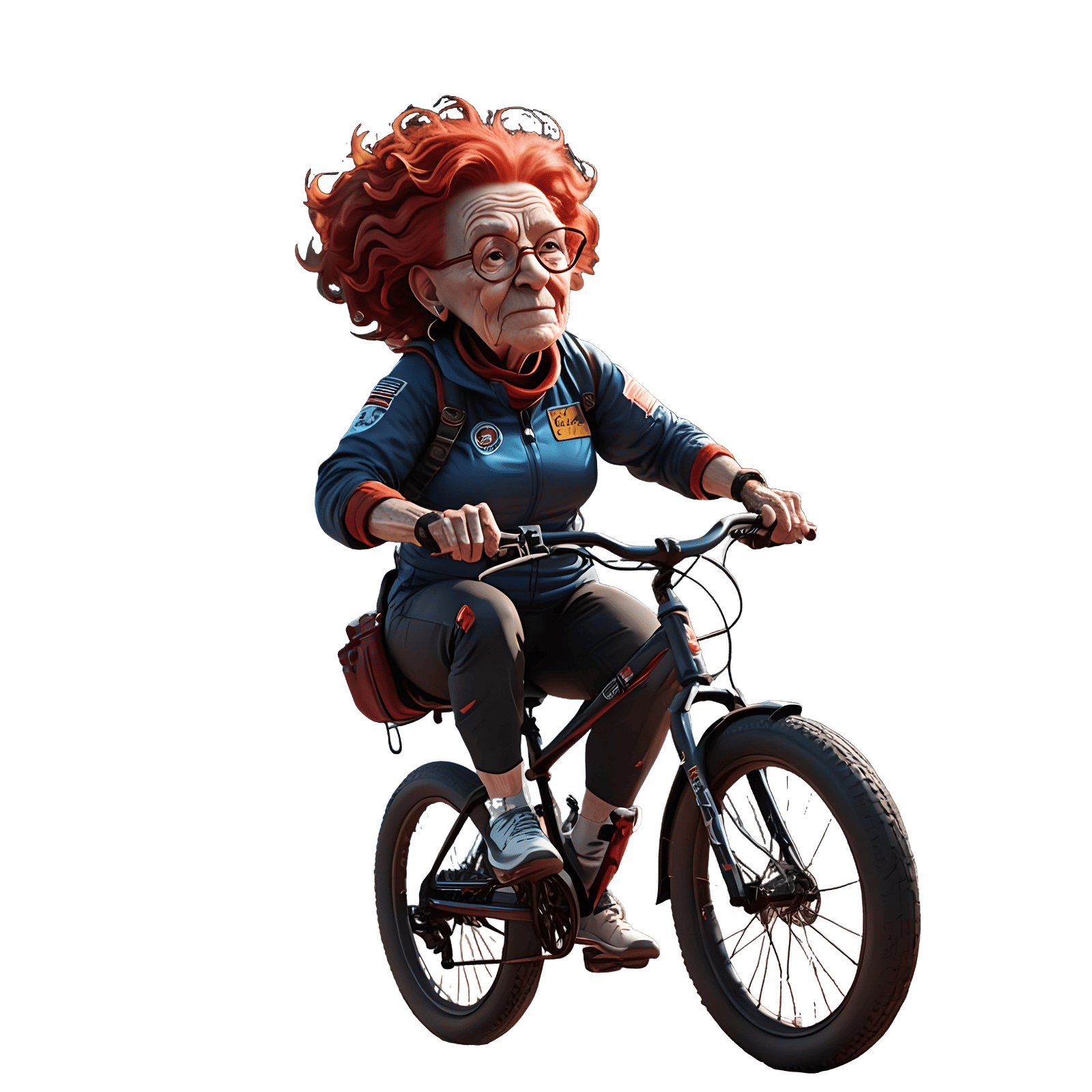 Cartoon Grandma Rides Bicycle in Space: Detailed Matte Paint...