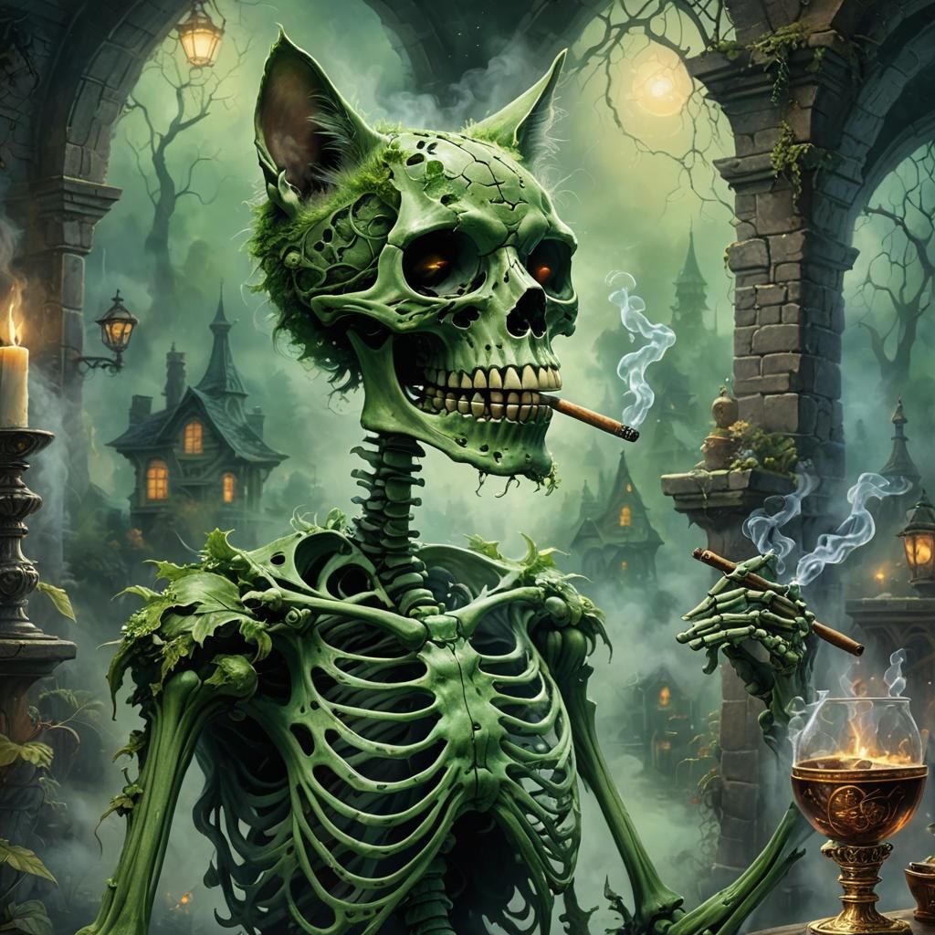 Green Cat Skeleton Smoking Cigar: Ethereal Fantasy