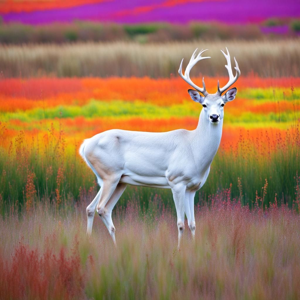 Albino Deer in Colorful Field