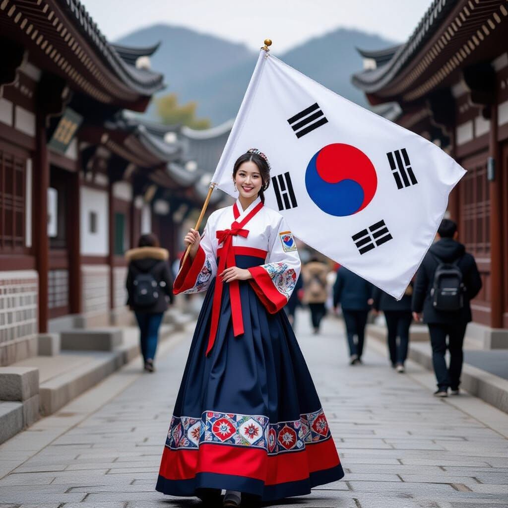 South Korean Flag and Woman in Hanbok