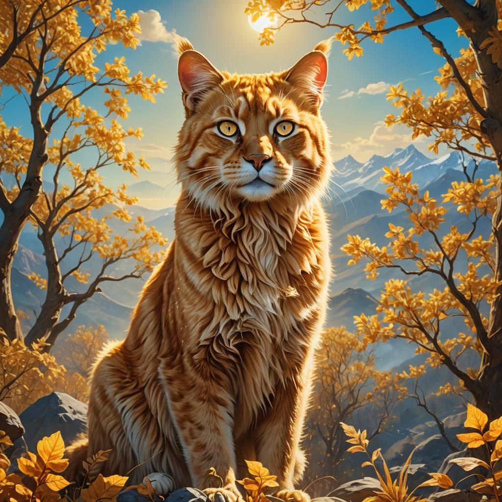Epic Golden Sunlight Cat in Hyper-Realistic Digital Art