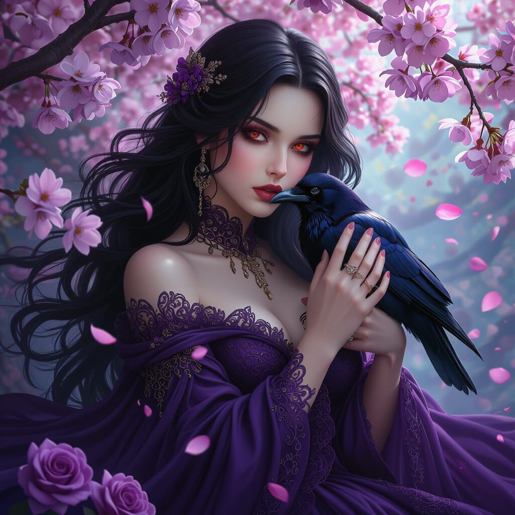 Gothic Woman with Raven Amidst Cherry Blossoms