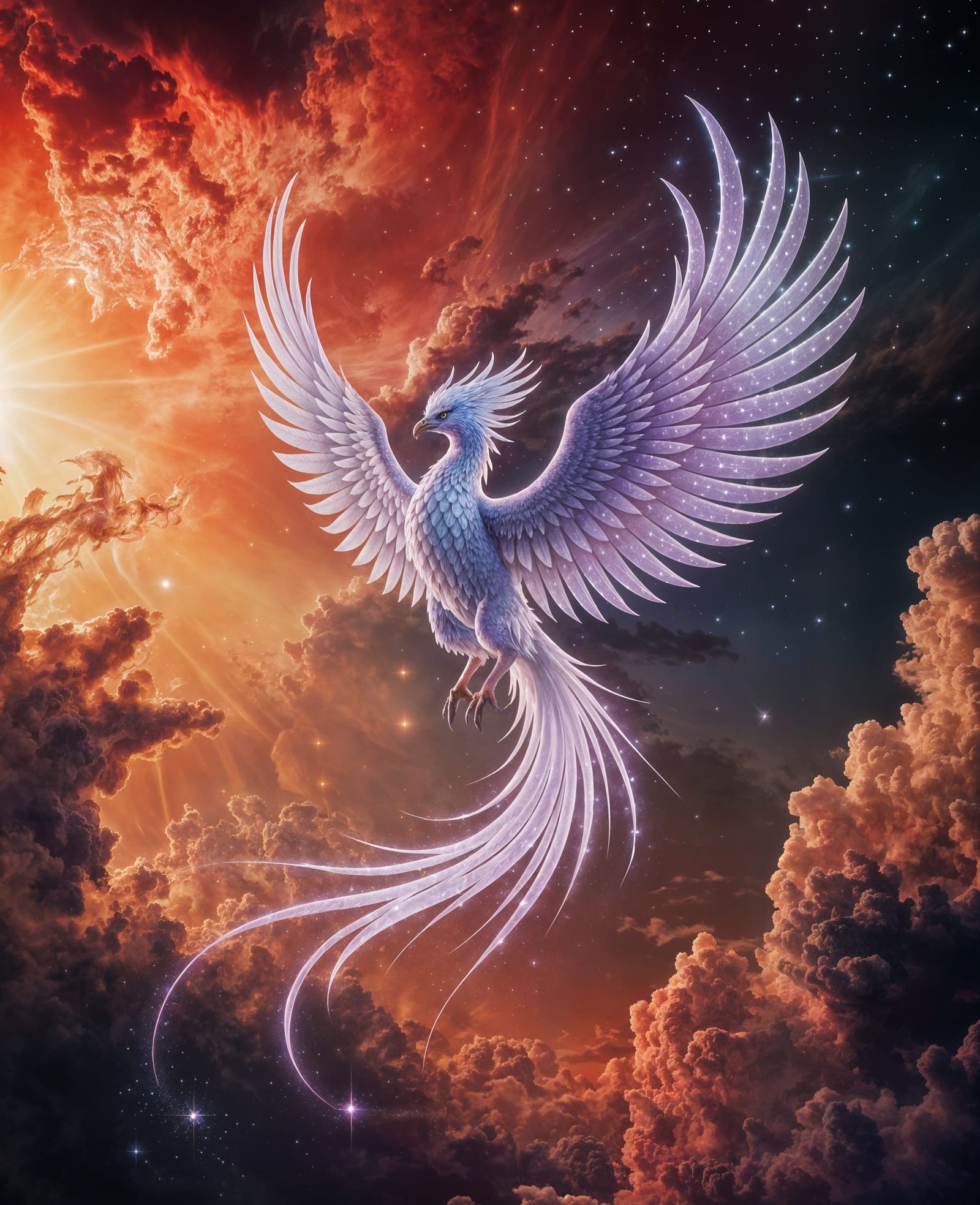 Phoenix Soaring Through Nebula-Filled Sky