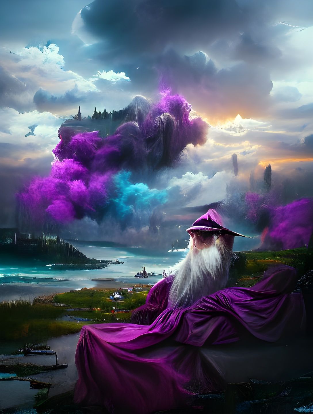 Wizard Casting Spell with Arcane Book, Matte Painting