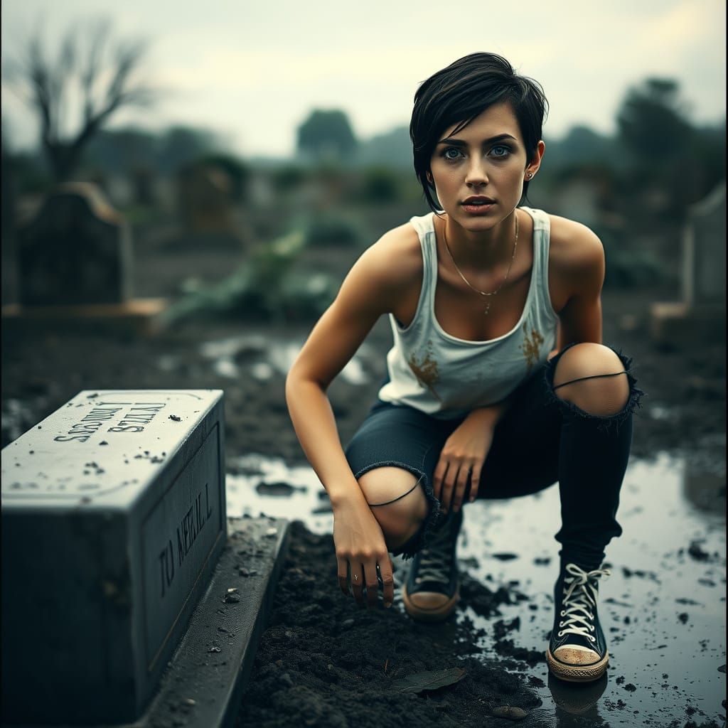 Melancholy Woman in Cemetery, Cinematic Film Still