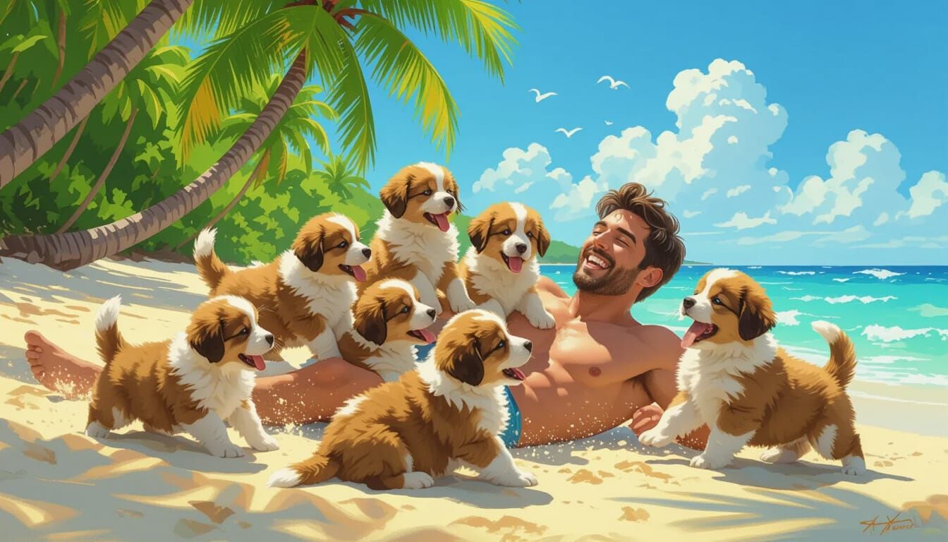 Puppies Play With Man on Sunny Beach