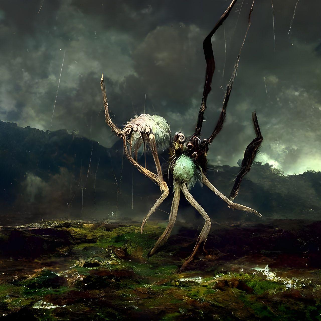 Creepy Spider Shoggoth in Gothic Horror Landscape