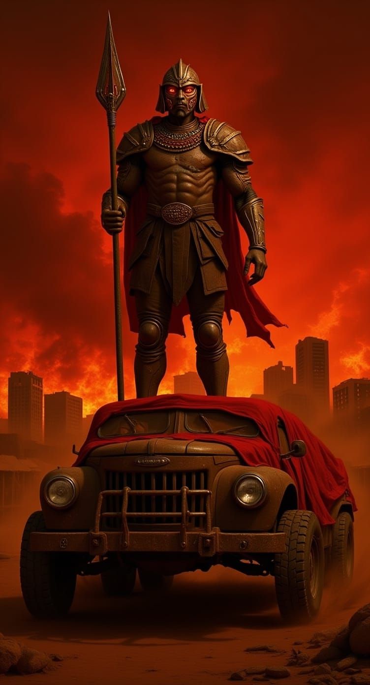 Maasai Warrior-King in Afrofuturist Dieselpunk Landscape