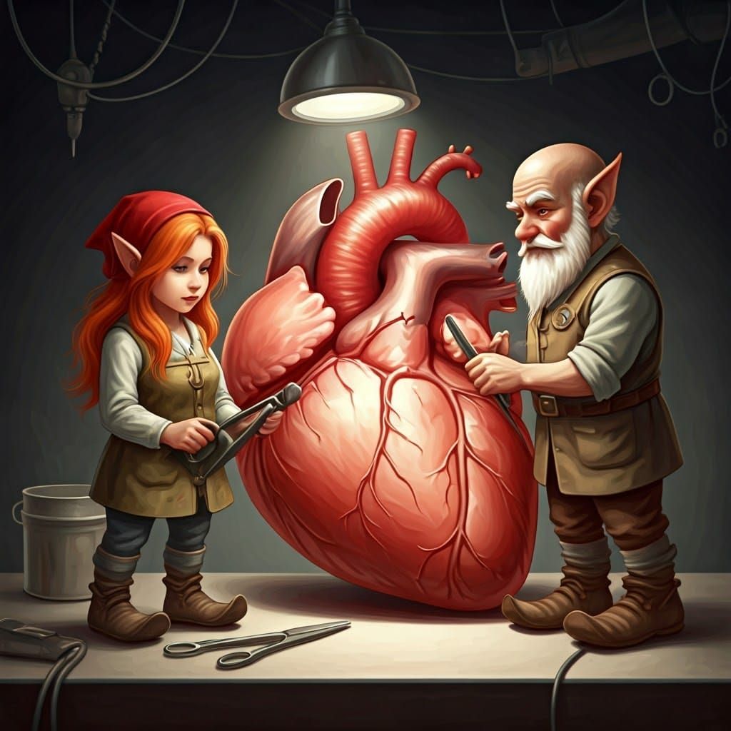 Gnomes Repairing a Human Heart: Detailed Illustration