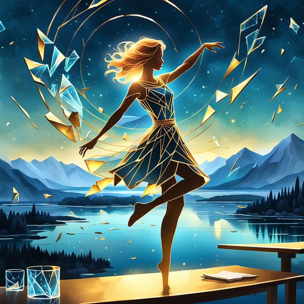 Golden Light Woman Escaping Glass Box: Fantasy Art