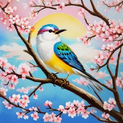 Bird and Blossoms: Japanese Gouache Watercolor Painting