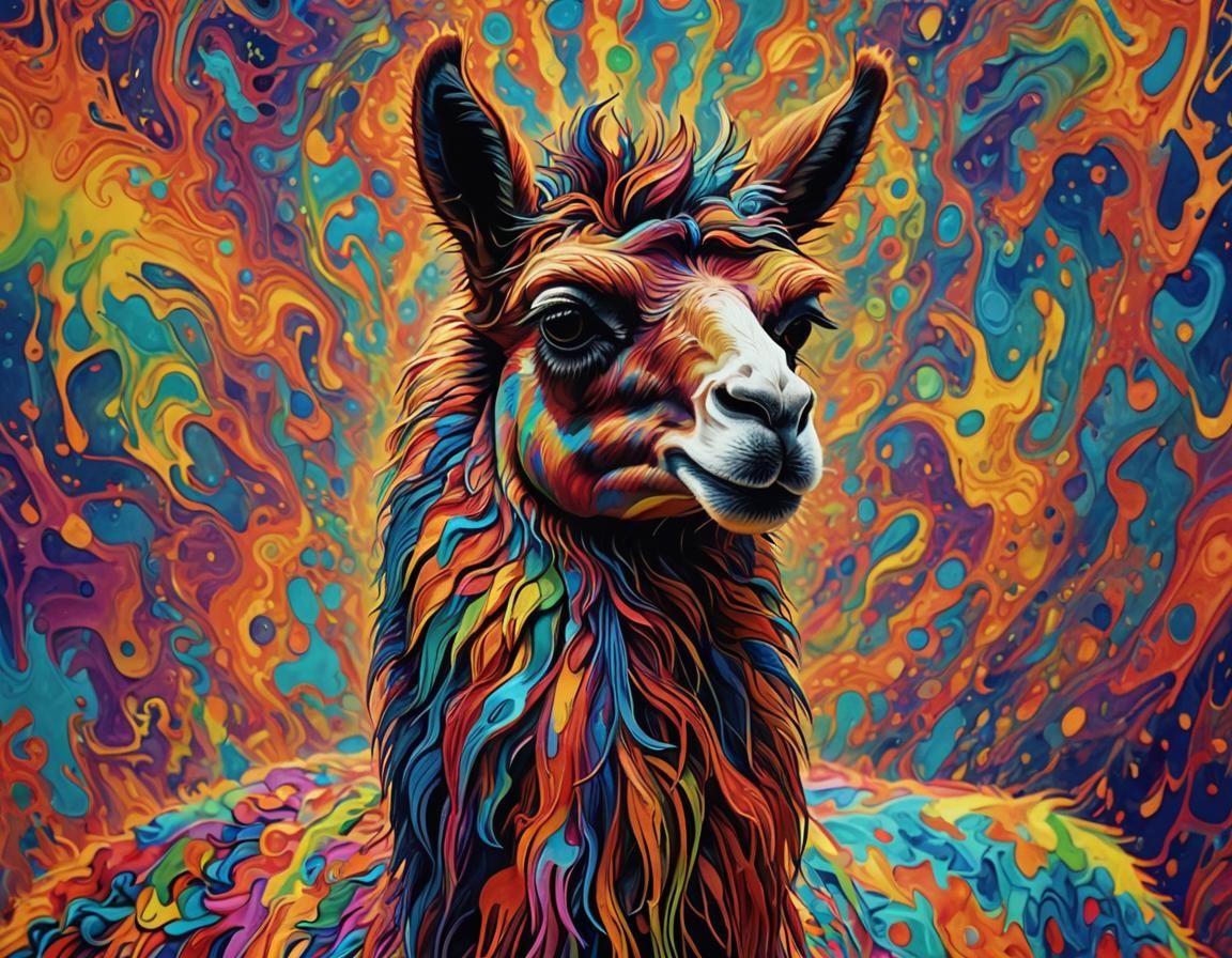 A psychedelic Llama with disappearing soft edges in molten crayons with a bast fibre holographic fabric blanket