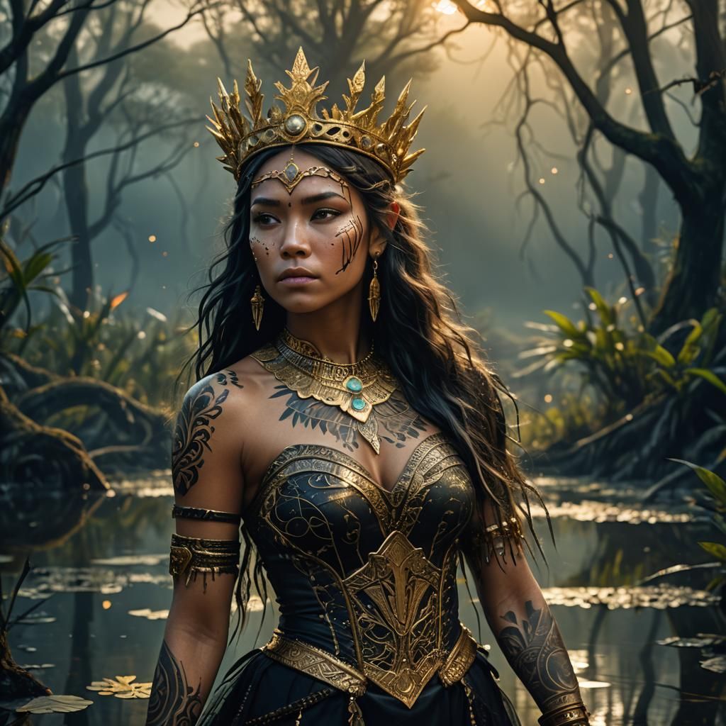 Luminescent Native Princess in Fantasy Swamp: 8K