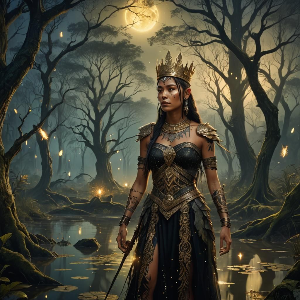 Native Warrior Princess in Magical Swamp Forest